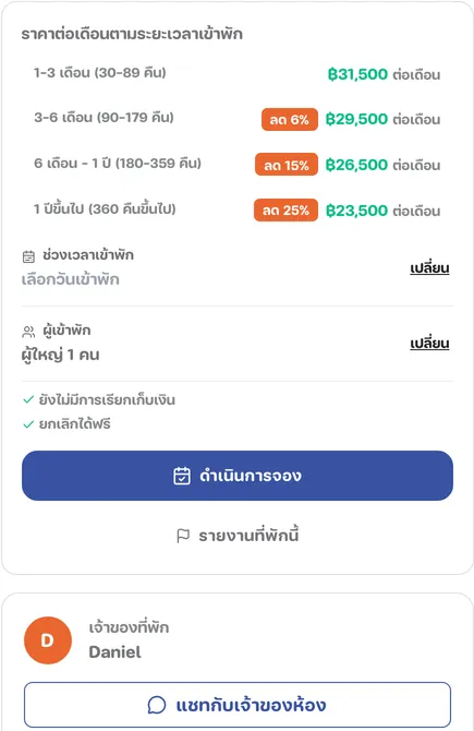 การ์ดจอง แสดงตารางราคาต่อเดือนตามระยะเวลาเข้าพัก ช่วงเวลาเข้าพัก ผู้เข้าพัก และปุ่มดำเนินการจอง