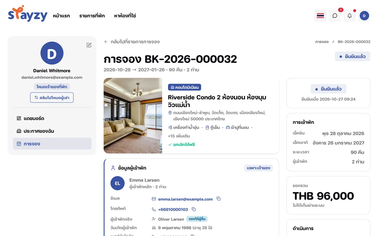หน้ารายละเอียดการจอง มีข้อมูลผู้เข้าพัก สรุปการจอง และกล่องดำเนินการ