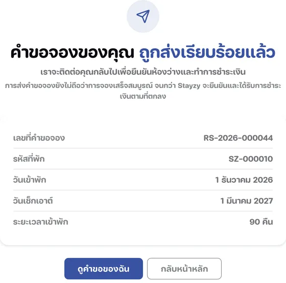 หน้าส่งคำขอจองเรียบร้อย แสดงเลขที่คำขอจอง รหัสที่พัก วันเข้าพัก วันเช็กเอาต์ และระยะเวลาเข้าพัก